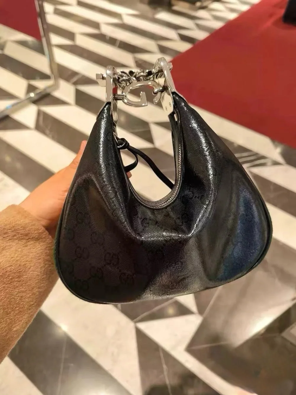 Gucci Black GG Monogram Crescent Shoulder Bag with Red-Blue Web Strap